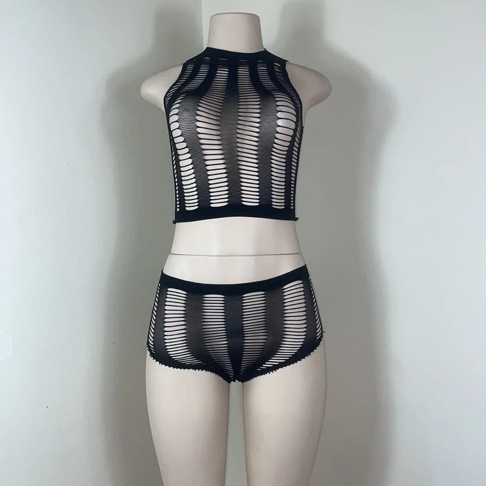 Sexy Black Stretchy Mesh Fishnet Cutout High Waist